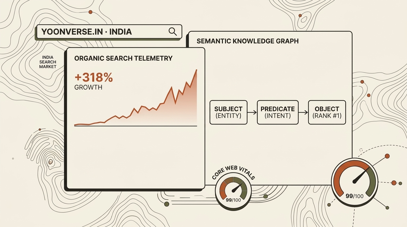 Semantic Knowledge Graph diagram illustrating Subject-Predicate-Object triples, organic search telemetry, and Core Web Vitals engineered by Ashiq at Yoonverse in India